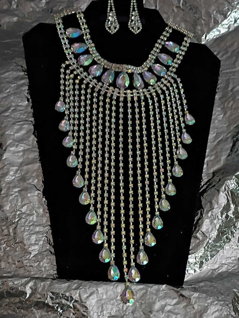Iridiscent Teardrop Fringe Necklace & Earring Set - Women Jewelry